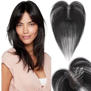 11" Human Hair Topper Curtain Bangs 3D Cover 2.76"x4.33" Breathable Lace Black